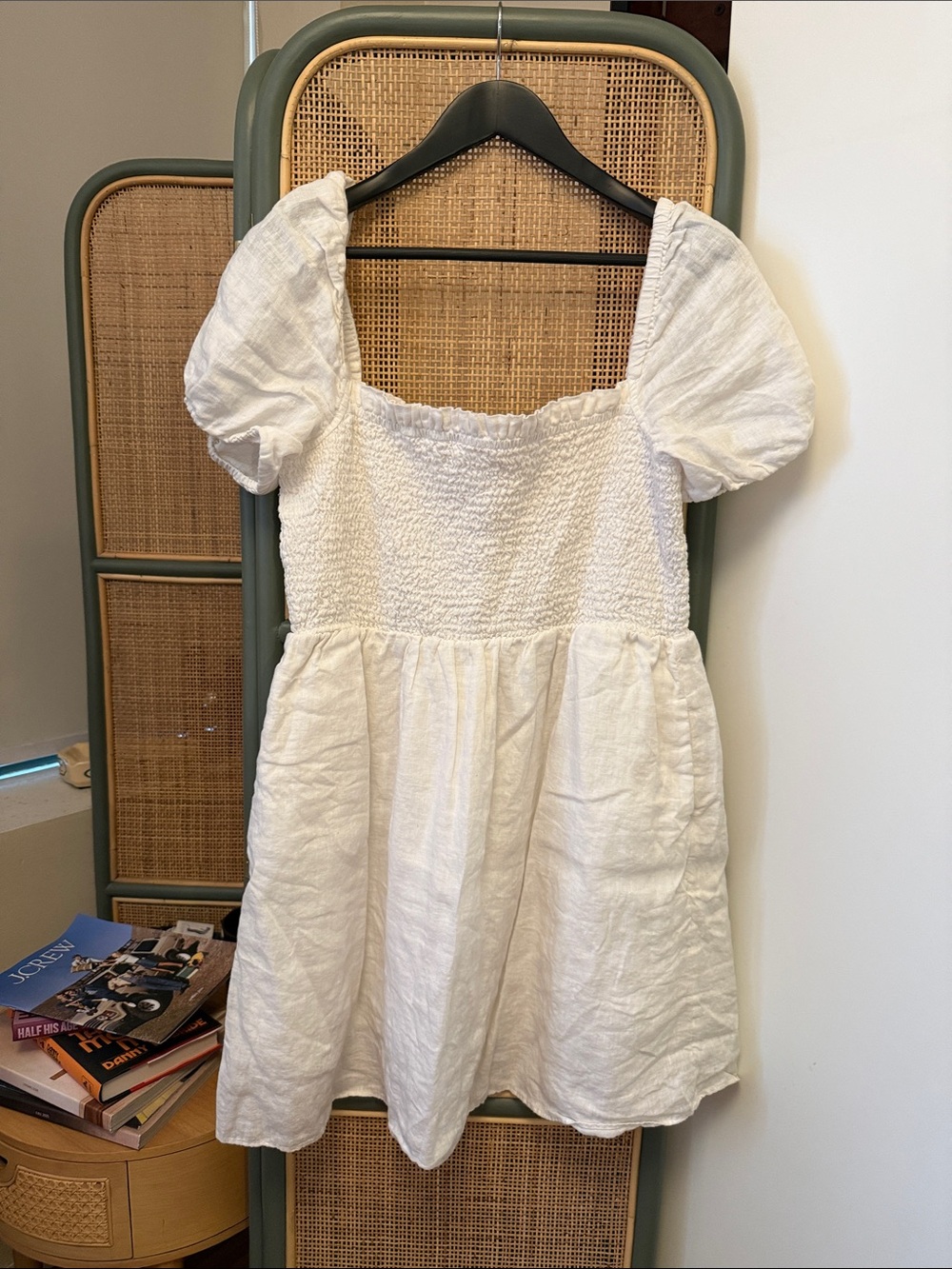 J.Crew White Linen Smocked Mini Dress XL Puff Sleeve Cottagecore Pockets